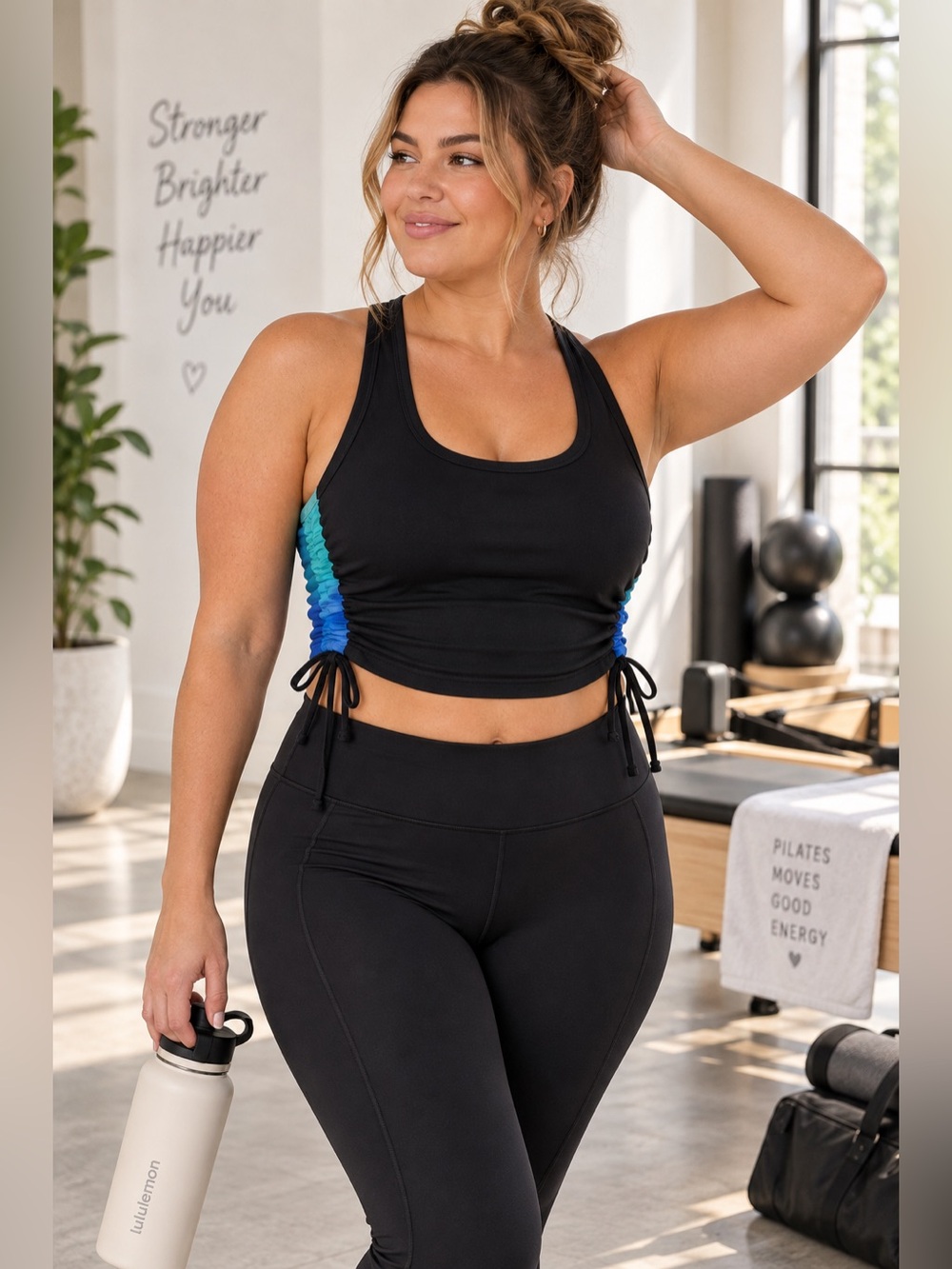 L*Space Champ Ruched Side Crop Tank Black Blue Active Top XL
